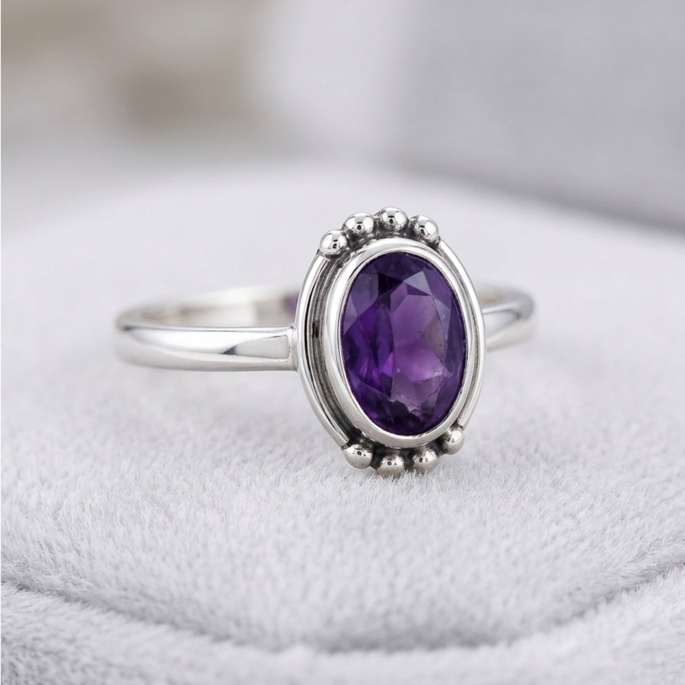 Bohemian Amethyst Sterling Silver Beaded Solitaire Ring